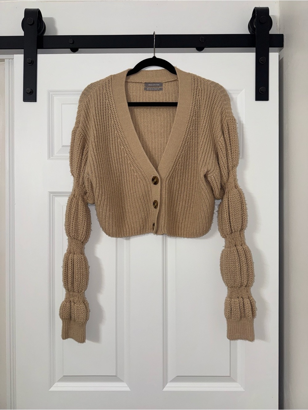Urban Outfitters Tan Cropped Bubble-Sleeve Cardigan